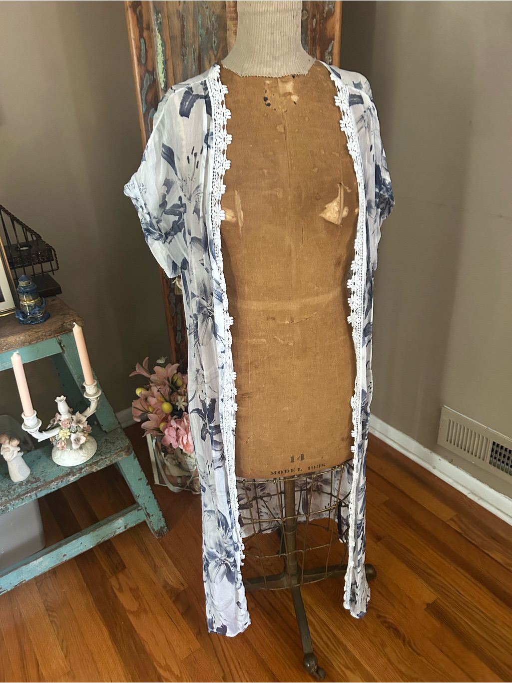 Elena Baldi Blue & White Floral Lace-Trim Swim Coverup Kimono | One Size Italy